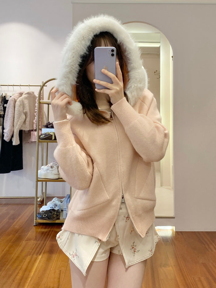 fur knit hoodie(pink)