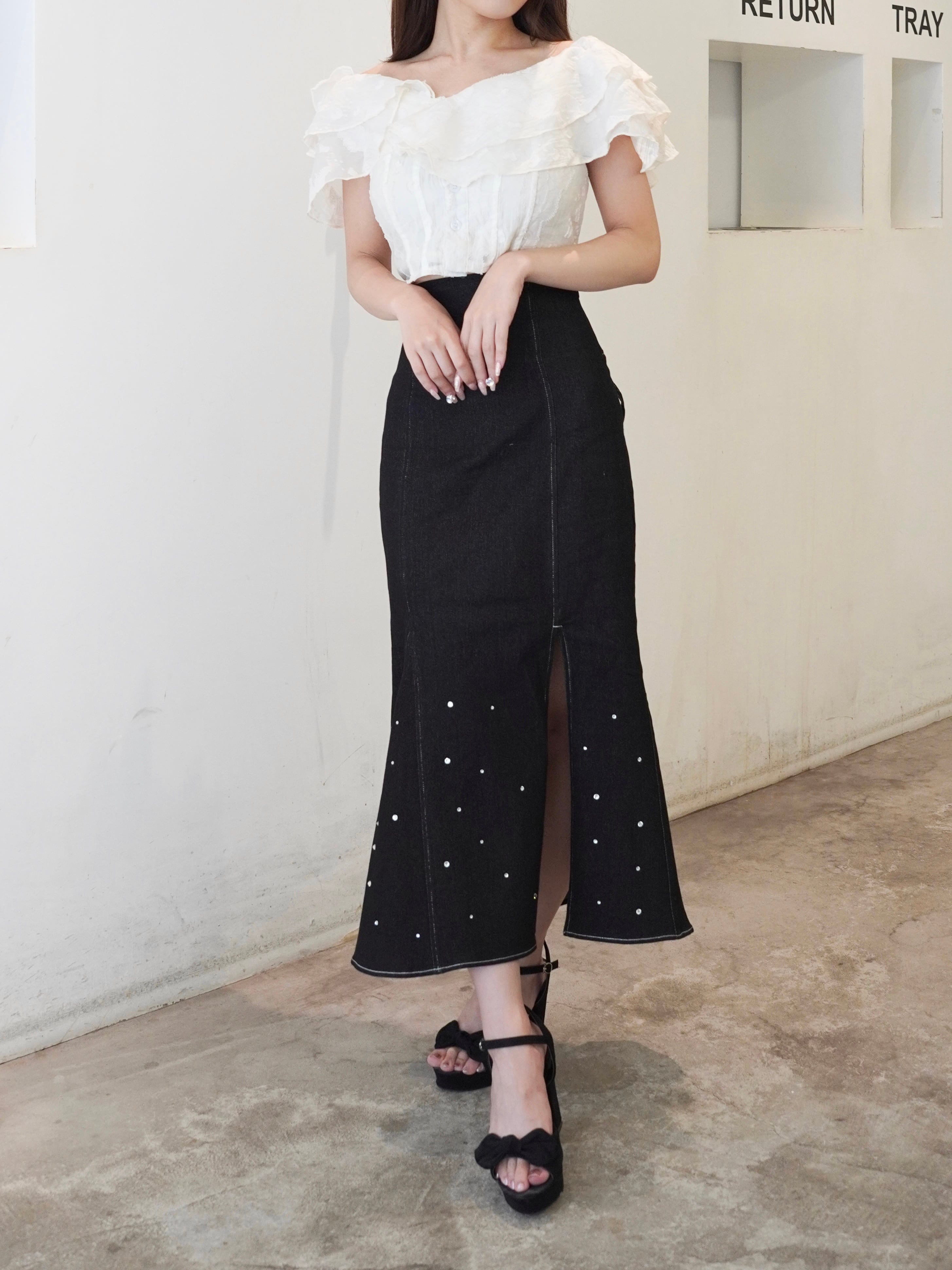 スカート POMME d'amour rhinestone denim skirt M rhinestone denim skirt – ROUGE by POMME d'amour