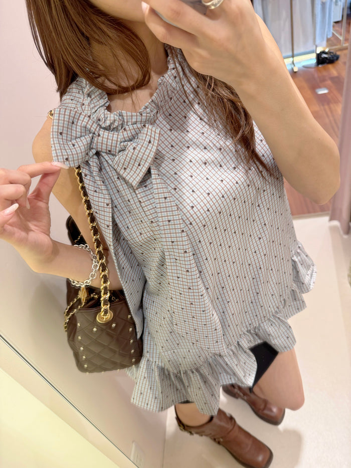 heart dot check ribbon blouse