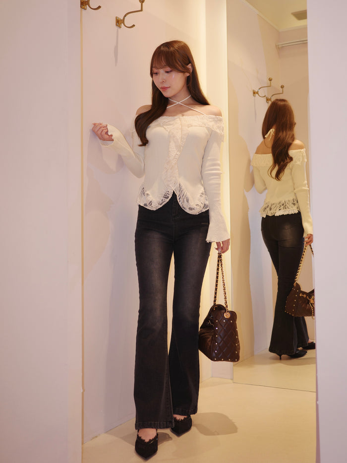 off shoulder lace trim top