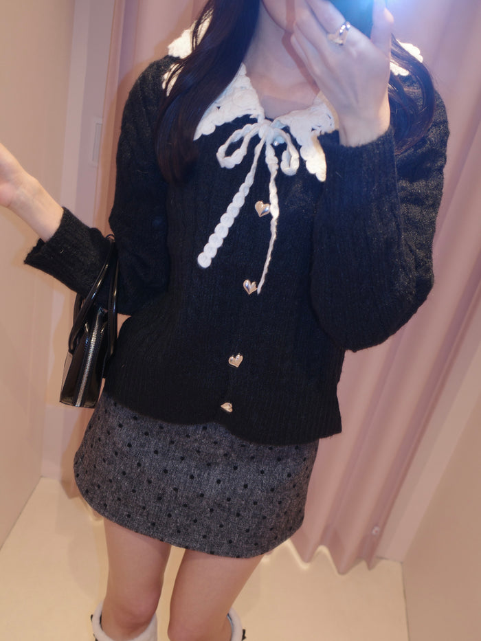 lace collar ribbon knit cardigan