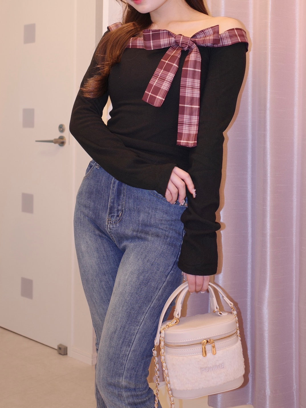 ニット+セーター rouge by pomme off shoulder ribbon tops rouge by pomme off shoulder ribbon topsの通販 by m's shop｜ラクマ