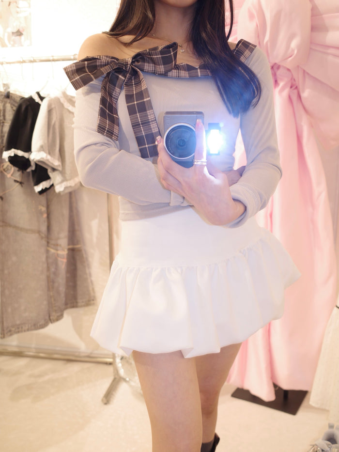 plaid ribbon off shoulder tops