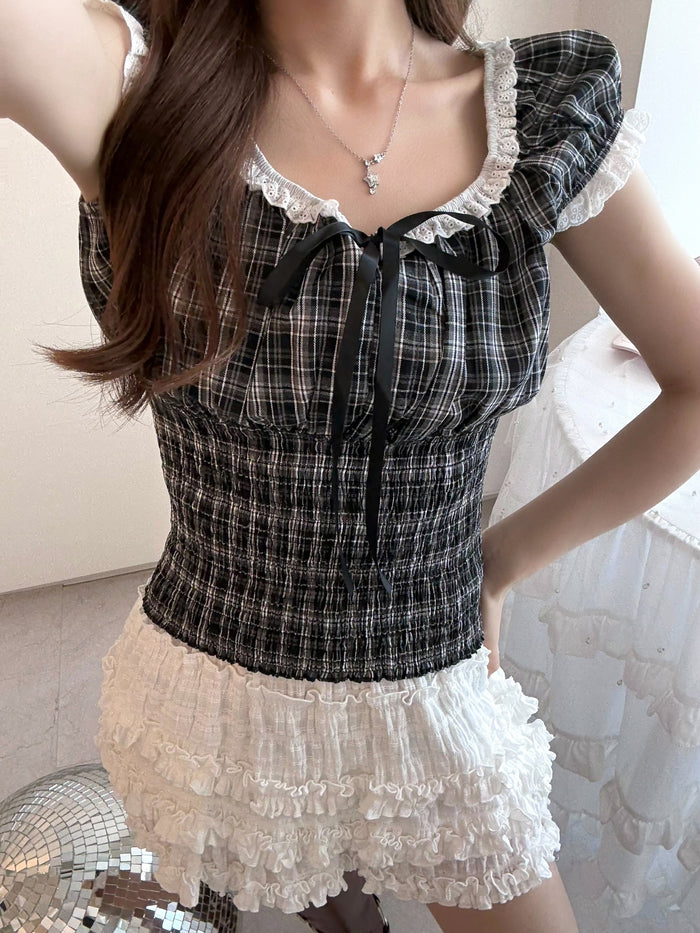 plaid cotton lace top