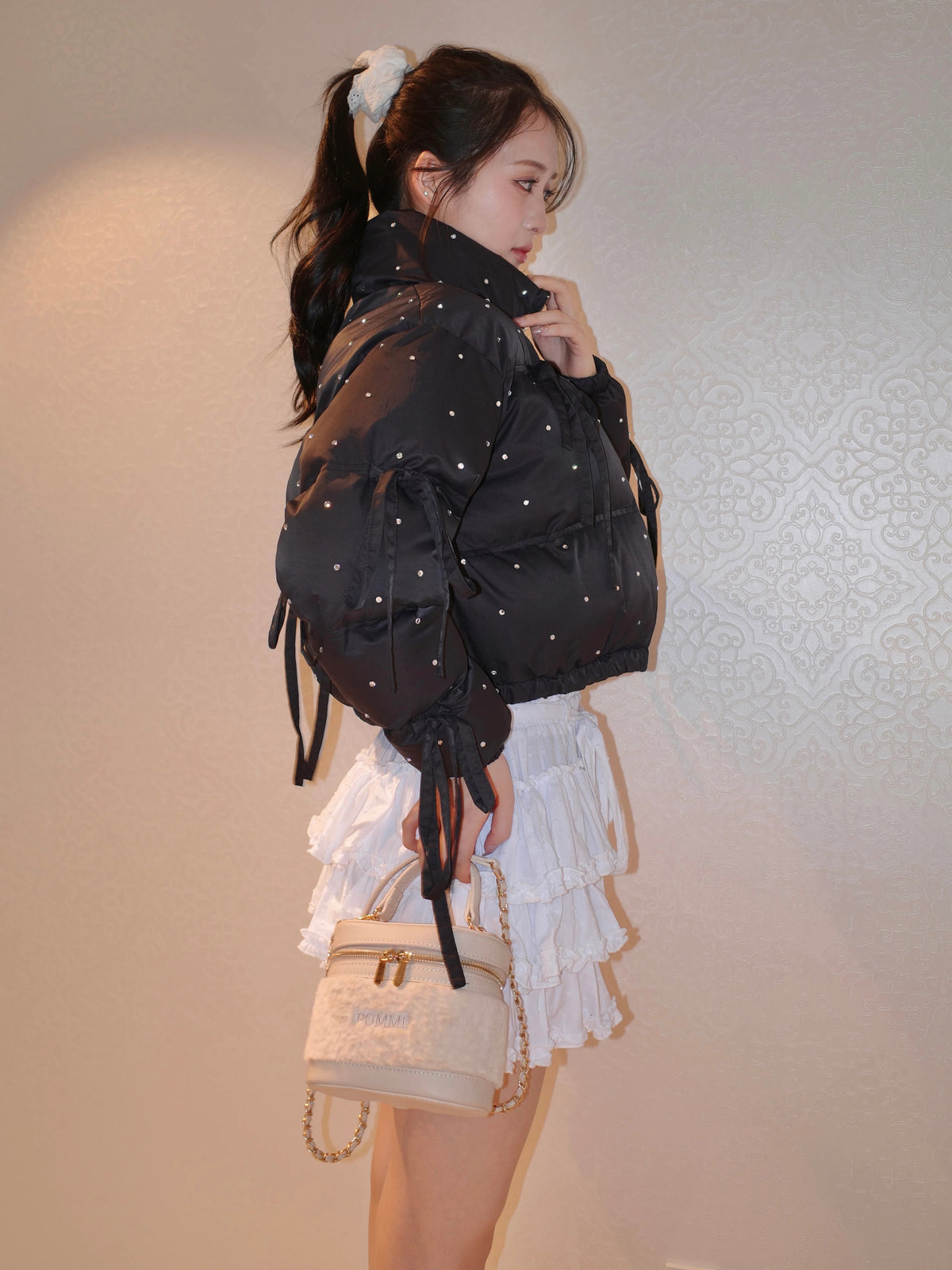 rhinestone ribbon padded jacket BLK